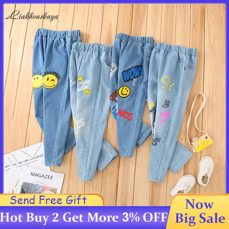 

Джинсы для девочек, с рисунком медведя из мультфильма, на резинке, на весну, 2020