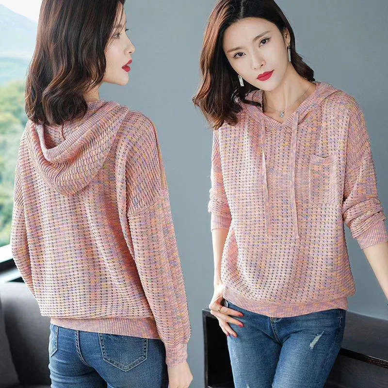 Женский пуловер с капюшоном повседневный ажурный джемпер длинными рукавами