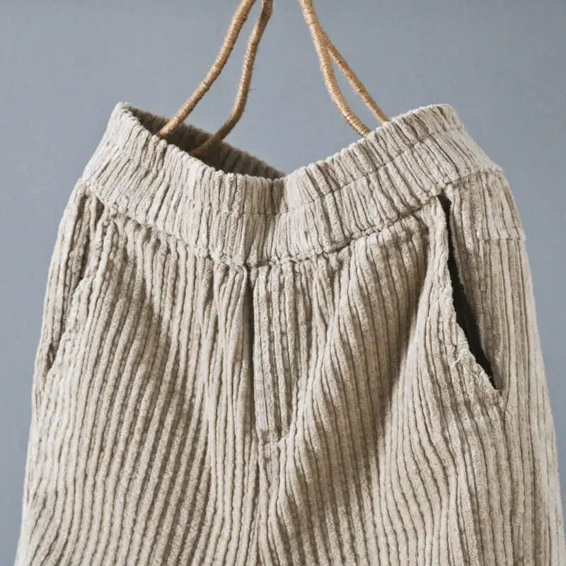 Женские вельветовые шаровары винтажные повседневные теплые с эластичным поясом