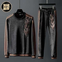 autumn and winter plus cashmere plus thick sports casual suit mens embroidered stitching large size sweater and trousers