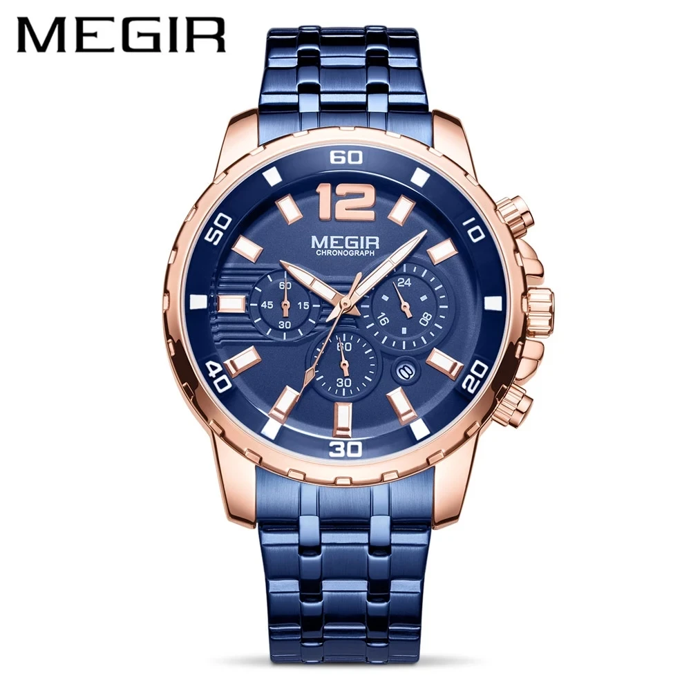 

MEGIR Fashion Trend Men's Dial Business Multifunction Chronograph Steel Watch Steel Band Waterproof Quartz Luminous Watches 2068