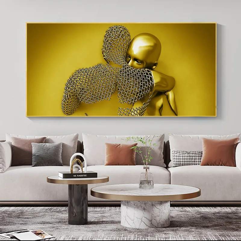 

Couple Statue Sculpture Metal Figure Home Decoration Painting Living Room Hanging Canvas Wall Art Frameless Mural