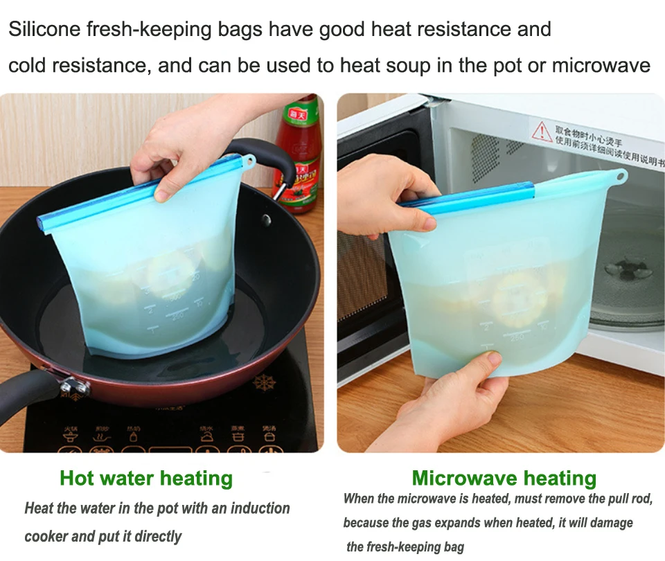 

Silicone Reusable Ziplock Bag Fresh-Keeping Household Storage 1500ml 1000ml Food Resealable Refrigerator Vacuum Sealed Bag