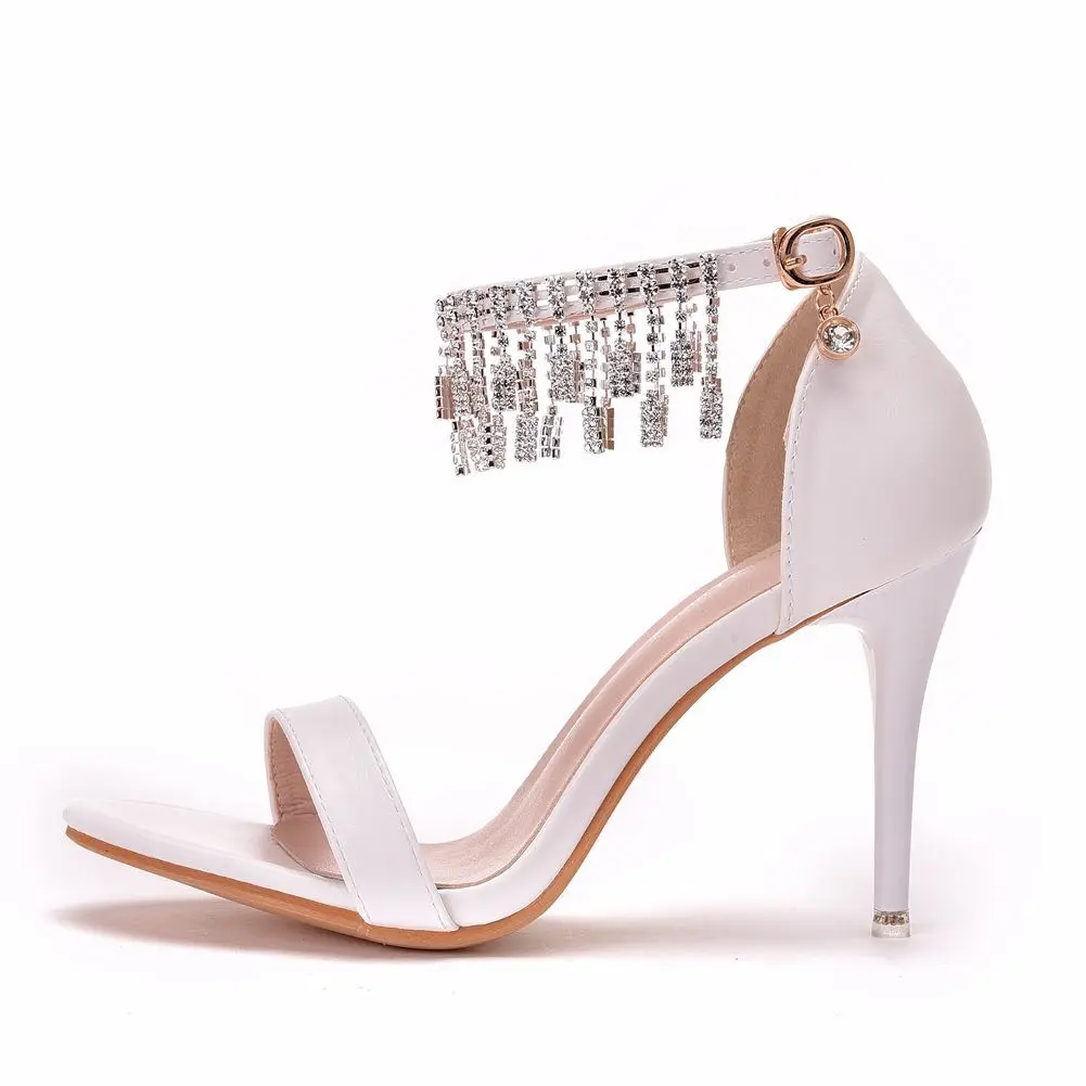 

thin heel Beaded sandals white one line with shallow mouth fish mouth open toe sandals large size high heel women's dress