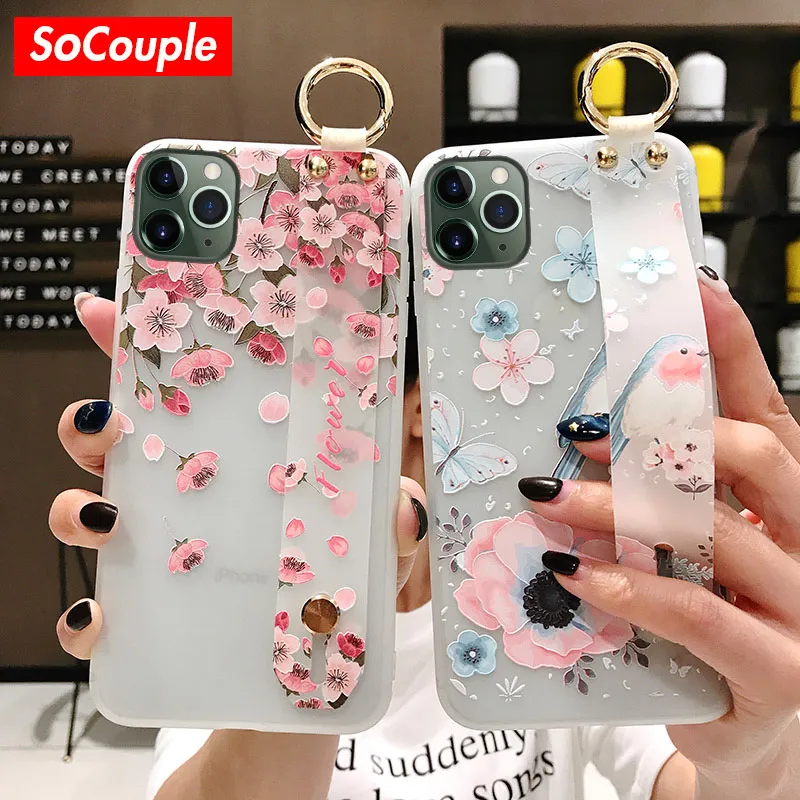 SoCouple Мягкий ТПУ чехол на запястье для iphone 7 8 6 6s plus 11 Pro Max X Xs max XR Рельефный цветочный Чехол-держатель для телефона