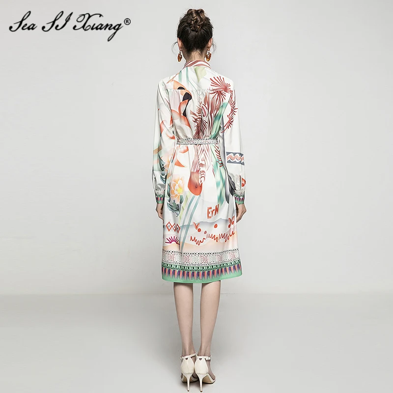 

Seasixiang Fashion Designer Spring Dress Women's Lace Up Long Sleeve Single-Breasted Vintage Print Loose Dresses