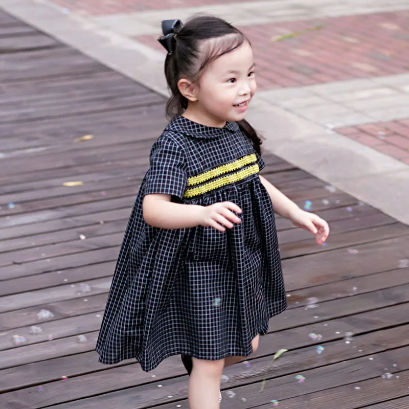 

Summer Little Girls Smock Dress Children Embroidered Loose One Piece Dress Girls Short-Sleeved Spanish Smocking Black Dresses