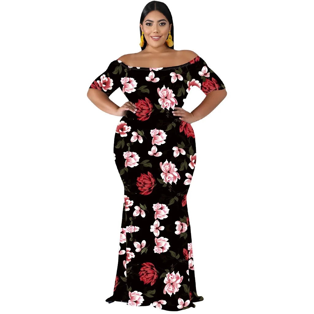 Black Цветочный принт, сексуальное платье размера плюс, женское платье с вырезом лодочкой, короткий рукав, длина до пола, винтажное платье с открытыми плечами, открытая спина, пляжные платья - Цвет: Black