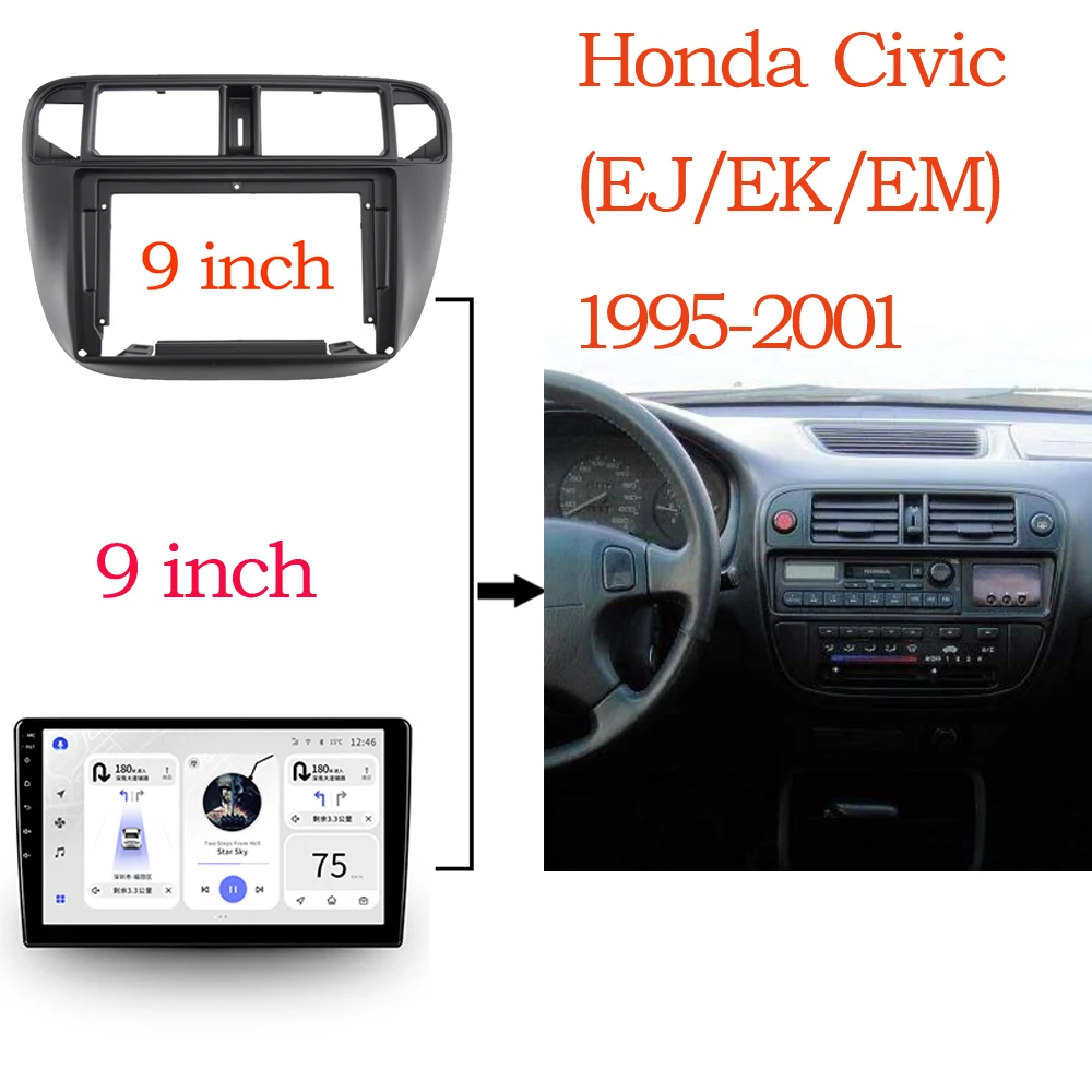 

BYNCG 9 inch Car Radio Fascia For Honda Civic (EJ/EK/EM) 1995-2001 Video Panel Player Audio Dash 2 Din Frame Dashboard Mount Kit