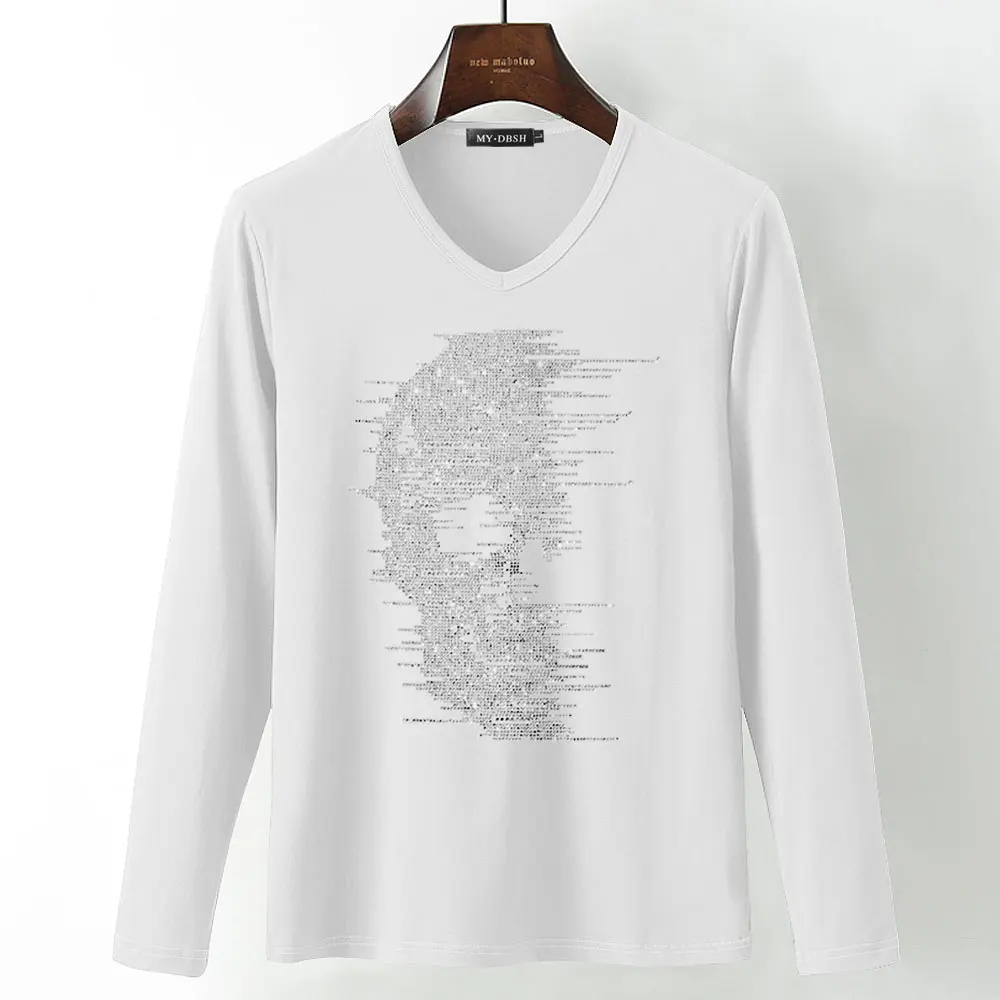 T004-V-White Горячая фиксация горный хрусталь печать мужская панк стиль футболка Сияющий топ из бриллиантов Тройники Размер плюс мужской blingbling футболки с черепами черный белый - Цвет: T004-V-White