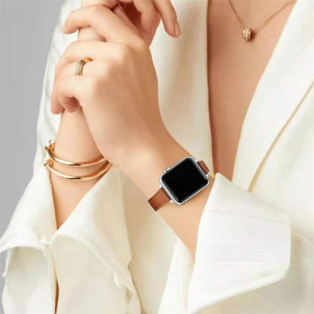 

2pcs For Apple Watch Bands 40mm 38mm 44mm 42mm Women Slim Thin Leather + Stainless Steel Strap For Iwatch Band SE Series 6 5 4 3
