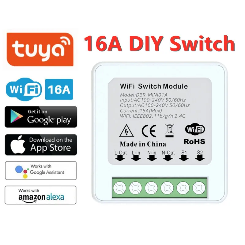 

16A Tuya WiFi Mini Smart Switch Led Light Smart Life Push Module DIY Smart Life APP Voice Relay Timer Alexa Google Home