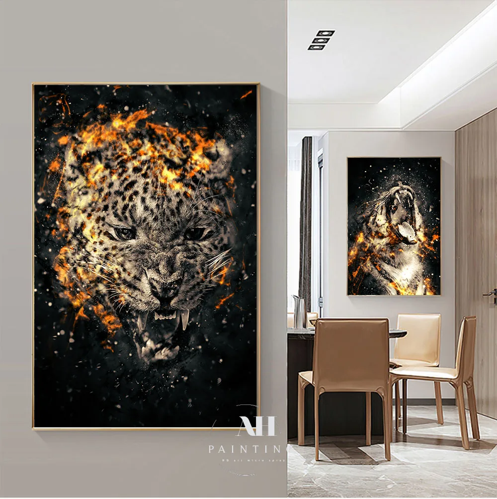 Современное абстрактное пламя лев леопард животные Искусство Картина настенное