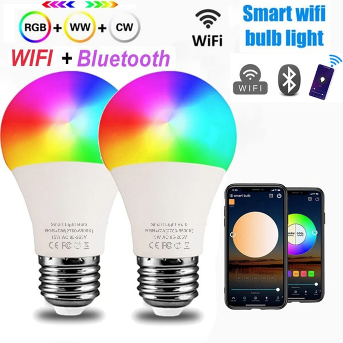 

Умная лампа RGB с Wi-Fi, меняющая цвет, лампочка с регулируемой яркостью, Bluetooth, лампочка с голосовым управлением, E27 B22, Светодиодный точечный све...