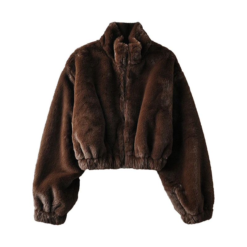 Loose Imitation Fur Furry Coat Women Clothes Autumn Winter Thickening Half Turtleneck Zipper Short Jacket Warm Top Korean Style