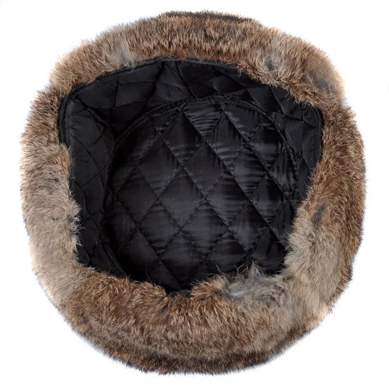 Rabbit Fur Cap Man Winter Genuine 100% Fur Bomber Hat Windproof Warm Earmuffs Male Flat Grey/Black Russian Hat