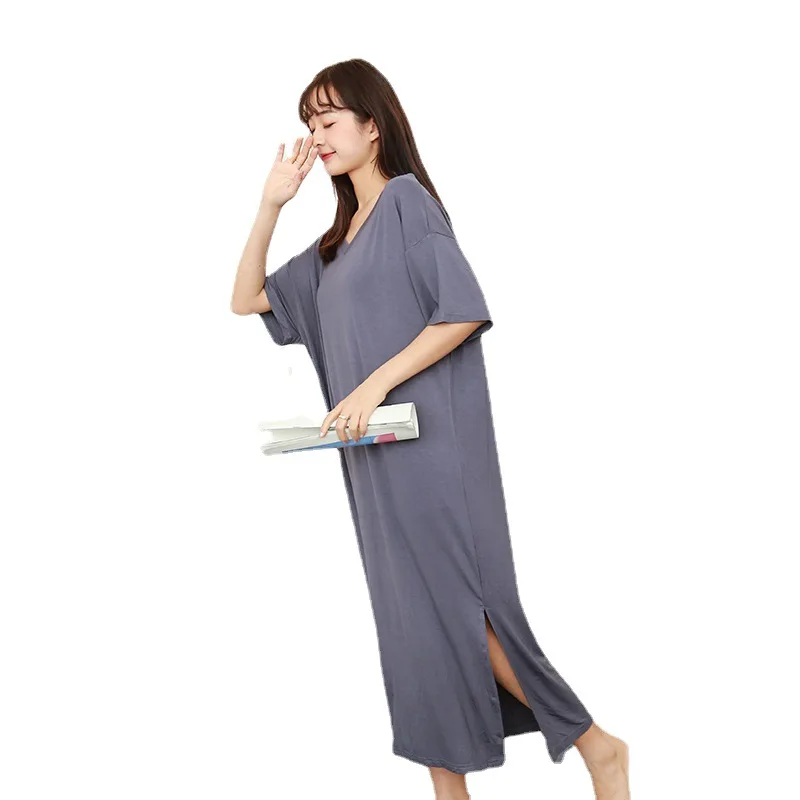 Spring Summer Women's Nightdress Large Size Modal Round Neck Short Sleeve Nightgown Casual Home Solid Color Long Skirt Sleepwear