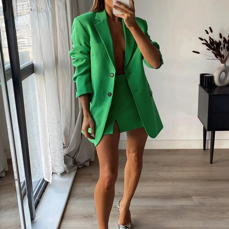 

Za Blazer 2021 Women Fashion Single Breasted Long Green Blazer Coat Vintage Front Slit High Waist Mini Skirt Female Sets Mujer