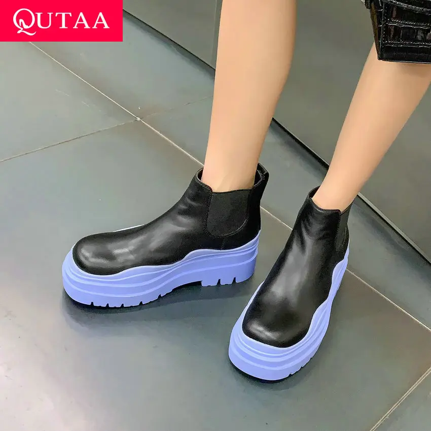 

QUTAA 2021 Platform Round Toe Mid Calf Boots Autumn Winter Square Heel Women Shoes Cow Leather Fashion Female Pumps Size 34-39