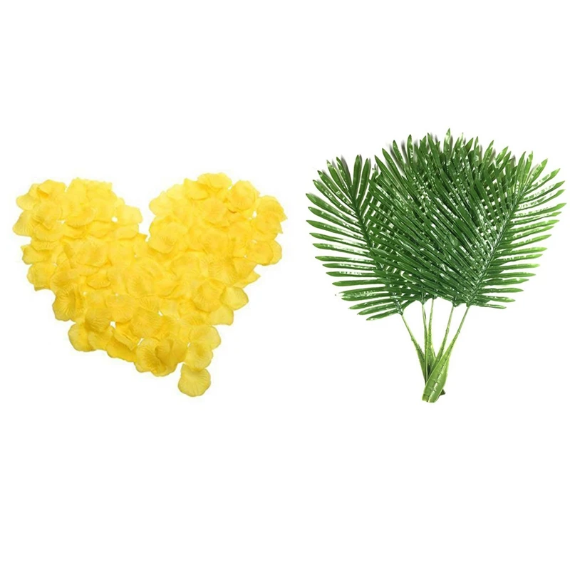

100 шт. тканевые лепестки роз, цветы для свадебной вечеринки (желтые) и 5 упаковок, листья пальмы, искусственные листья растений