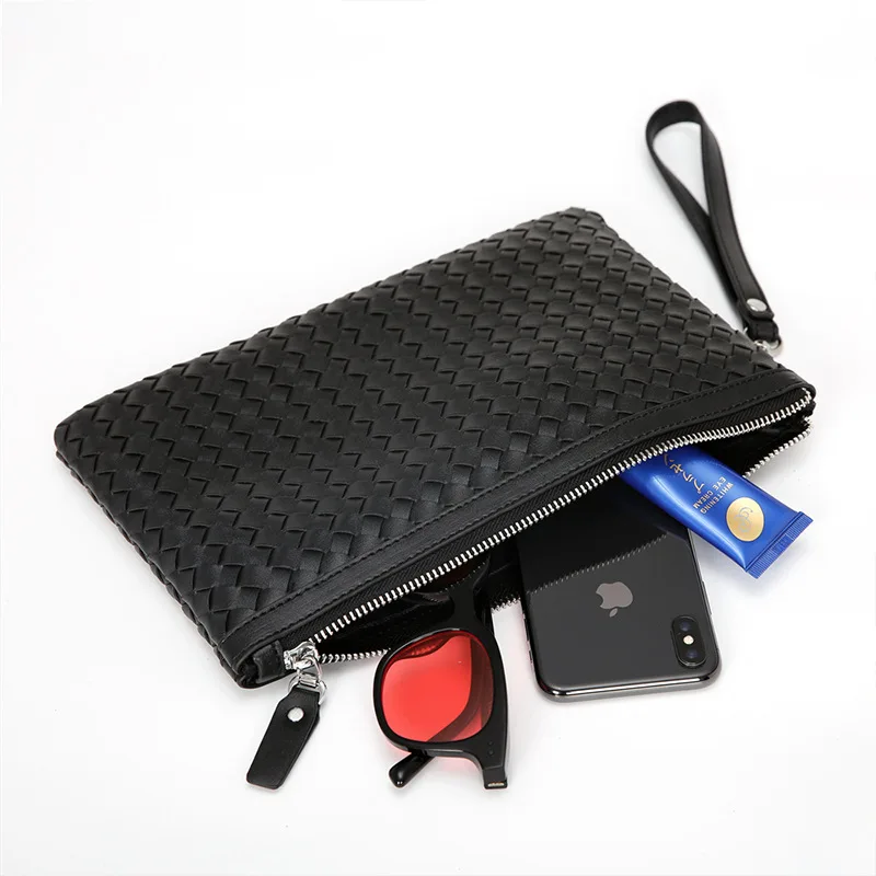 Fashion Woven Leather Clutch Men Handbag Luxury Design Men's Clutch Bag High Capacity Wrist Bag Male Mobile Phone Bag Purse 2021