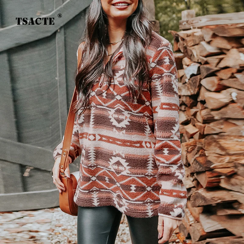 

Модный Пушистый свитер с принтом на молнии и воротником-стойкой, Женский флисовый теплый пуловер из овечьей шерсти, винтажный Топ, свободная женская одежда