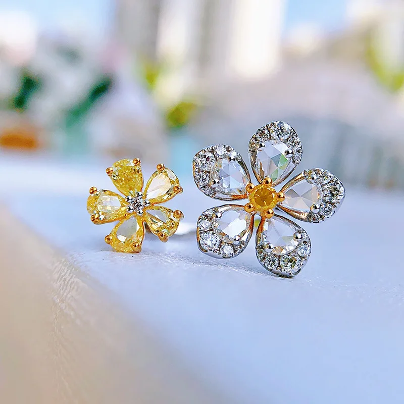 

Fashion Yellow and White Crystal Rings For Women Silver Color Double Flower Ring Wedding Engagement Bridal Luxury Party Jewelry