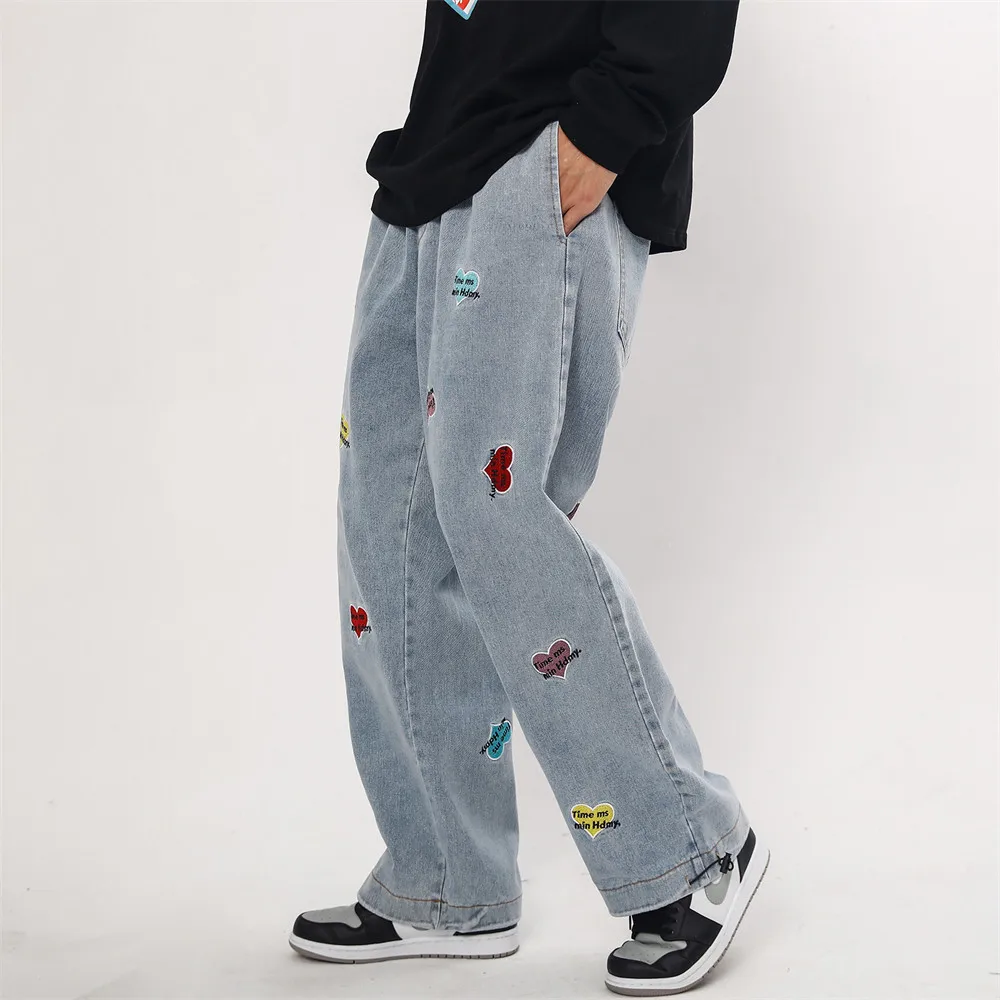 

Love Embroidery Washed Jeans Men Fashion Brand Streetwear Loose Straight Long Pants Casual Drawstring Trousers Tie Feet Pants