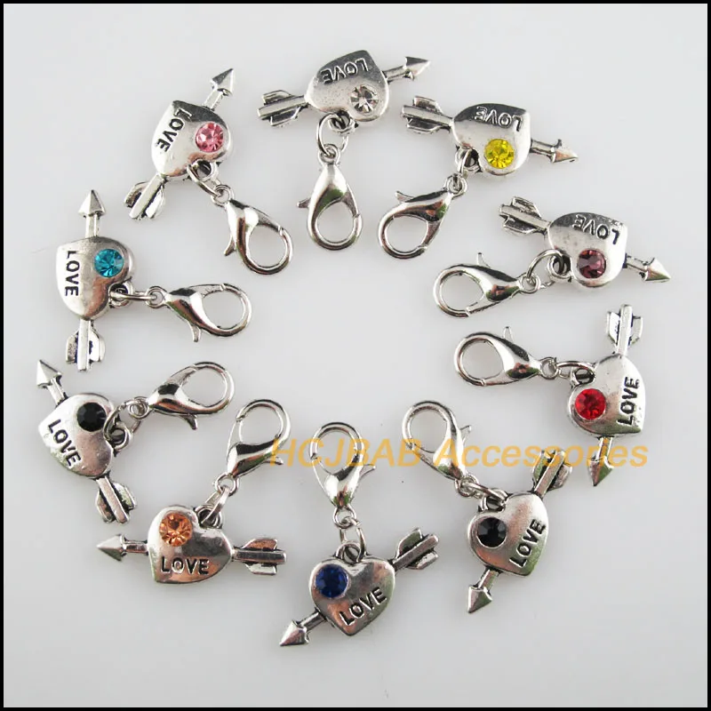 

10 New Heart 10.5x21mm Charms Mixed Round Crystal Tibetan Silver Plated Retro With Lobster Claw Clasps