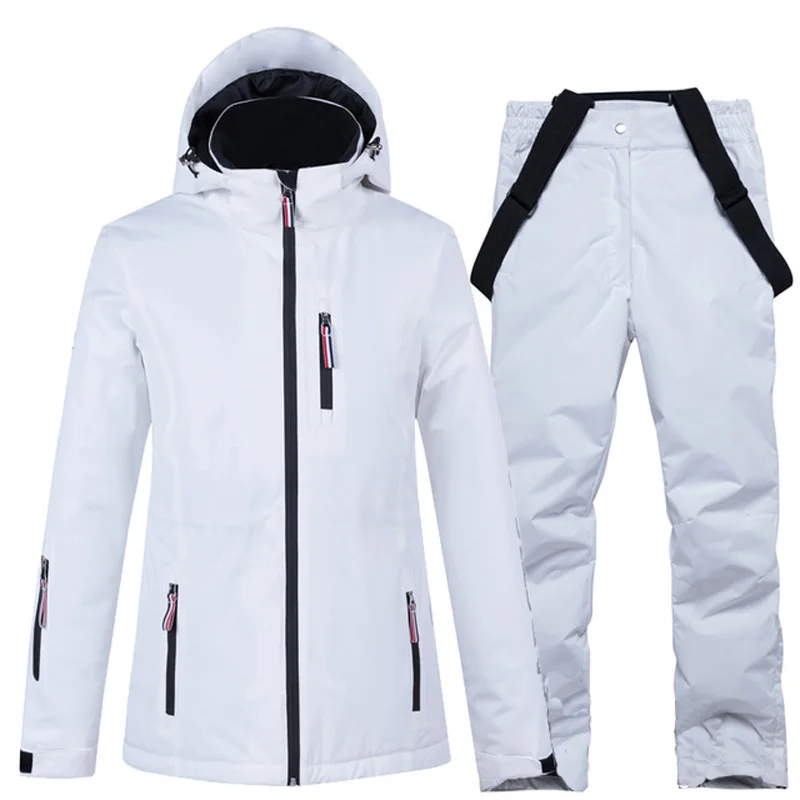 White and Black Women Snow Suit Set Snowboarding Clothing Winter Outdoor Wear Waterproof Costume Ski Jackets + Strap Pant Girl's