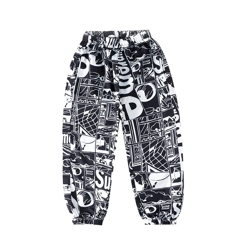 

New Children Summer Jazz Dance Costumes Boy Girl Short Sleeve T-shirt Comics Print Pants Suit Street Dance Hip Hop Rave Outfits