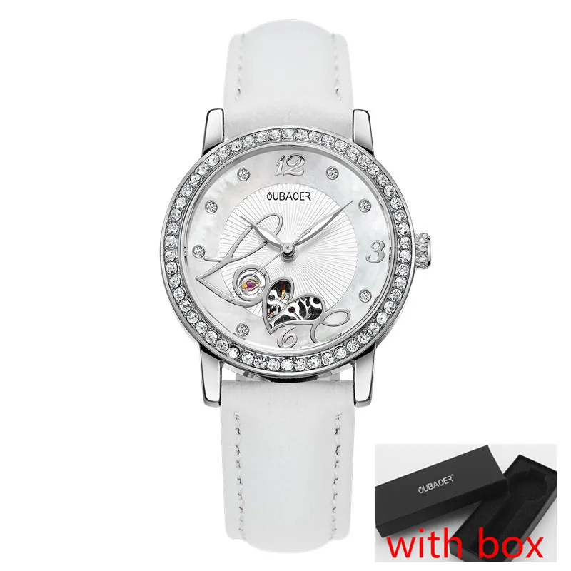 Relogio feminino, OUBAOER, автоматические механические часы для женщин, модные, стразы, полый дизайн, часы с кожаным ремешком, водонепроницаемые часы - Цвет: silver white005B box