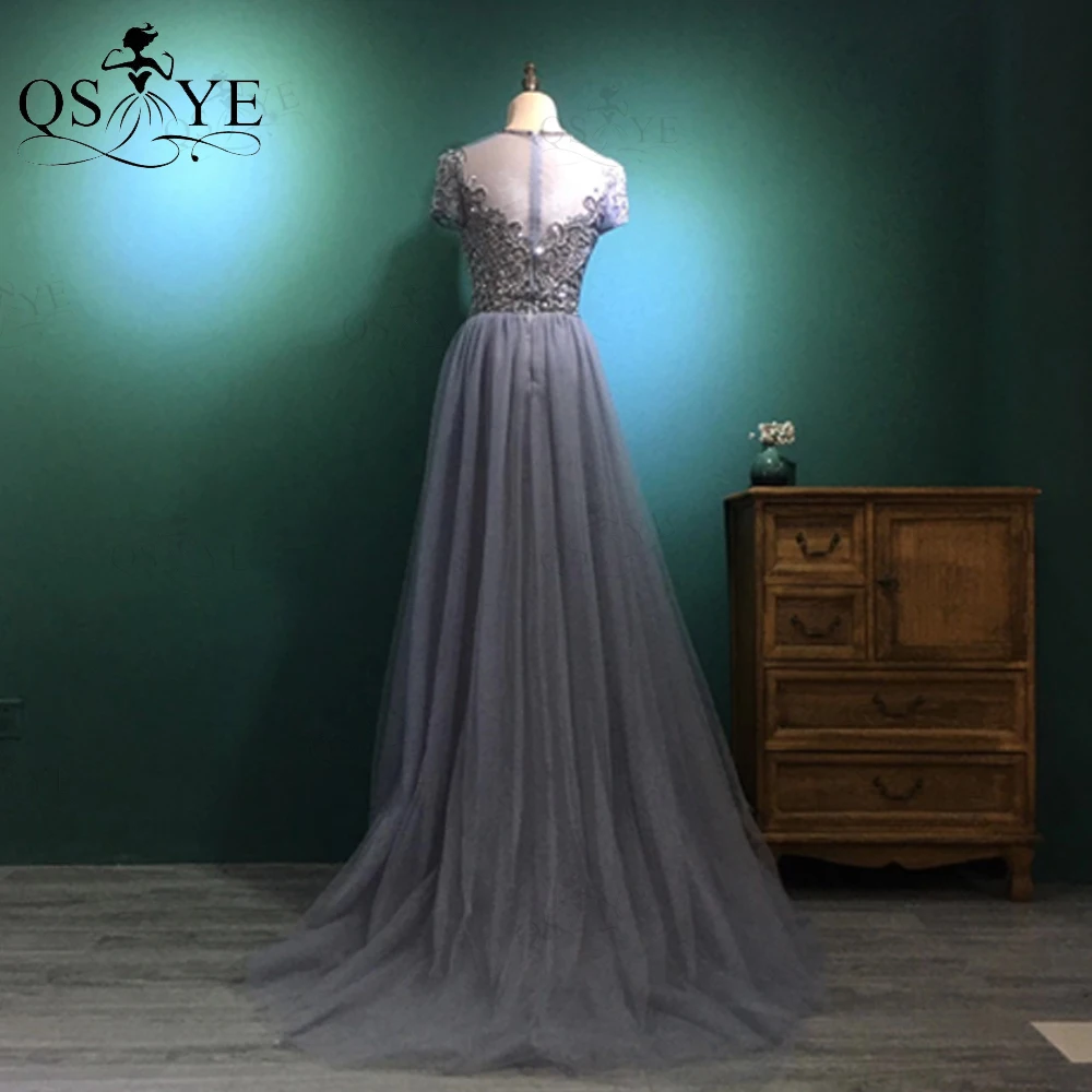 QSYYE High Quality 2 in 1 Prom Dresses Luxury Beadings Long Evening Glitter Gown Cap Sleeves Tulle Tail Elegant Party Dress