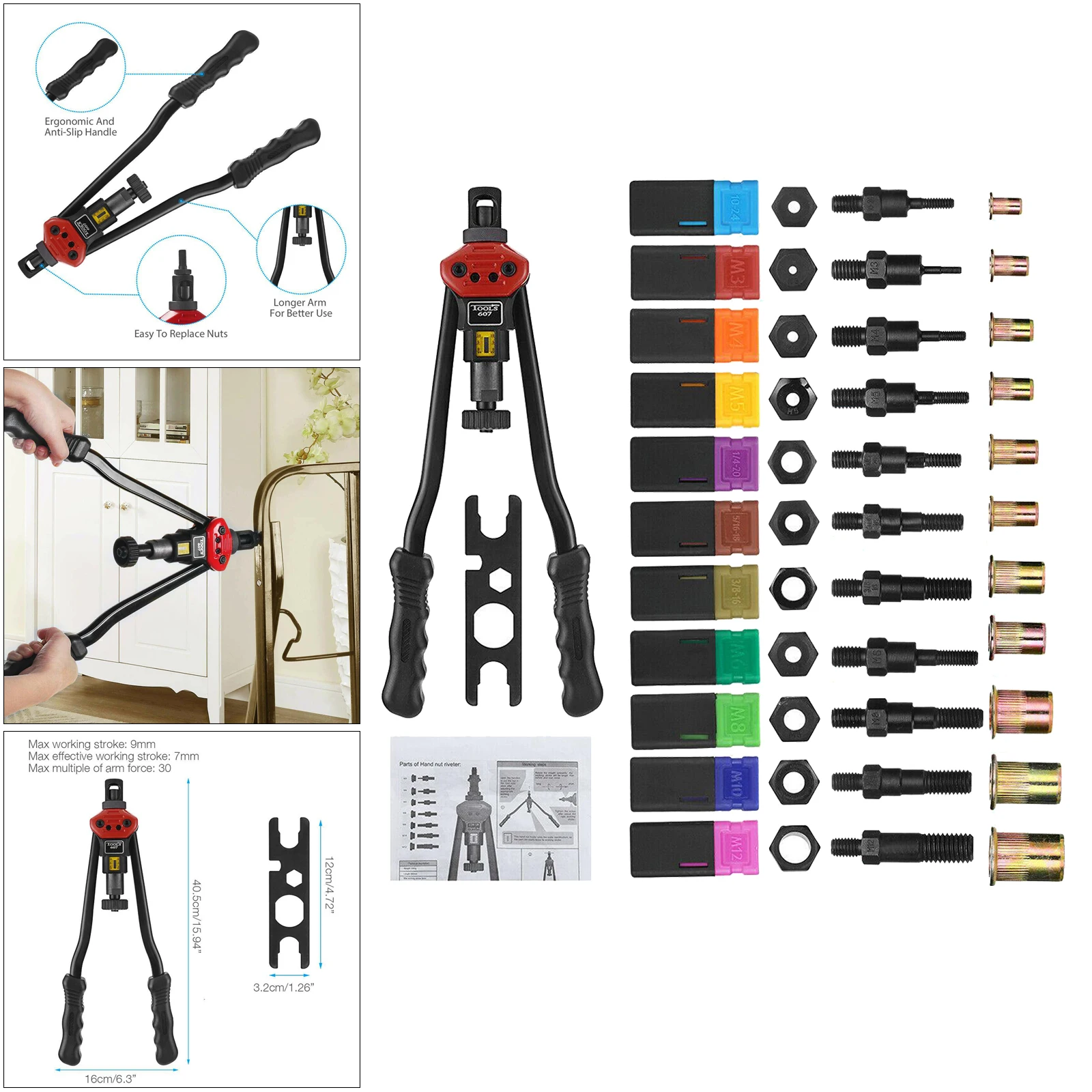 

16" Rivet Gun Kit Rivnut Setting Tools Nut Setter Tool Hand Blind Riveter Gun, Sturdy Plastic Case