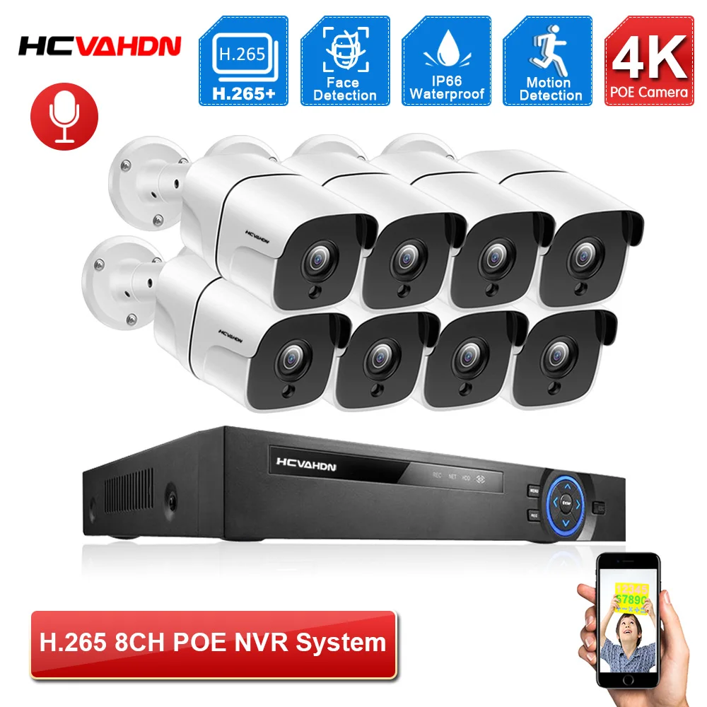 

Комплект наружного видеонаблюдения HCVAHDN H.265, 8 каналов, 4K POE, NVR, 4K, ии IP-камеры 8 Мп, P2P