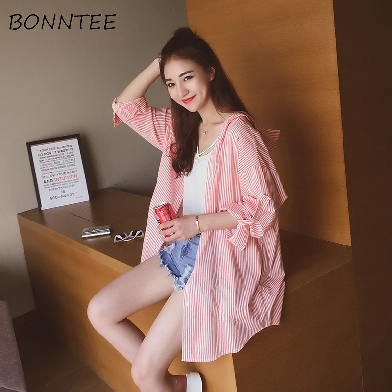 Женские рубашки с капюшоном свободные в полоску карманами однобортные летняя