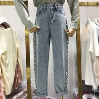 women jeans pant pearl beading high waist loose straight style girls washed denim pants large size 5xl