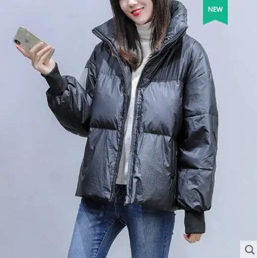 Черный Женский глянцевый пуховик зимняя куртка Женский Большой размер толстый пуховик свободный белый пуховик непромокаемая верхняя одежда - Цвет: Черный