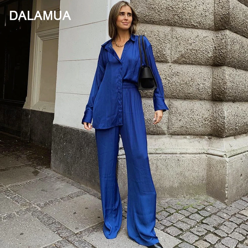 

Office Lady Tracksuit Satin Shirts Top Pants Two Piece Set Oversize Solid Klein Blue 2022 Spring Long Sleeve Casual Female Suits
