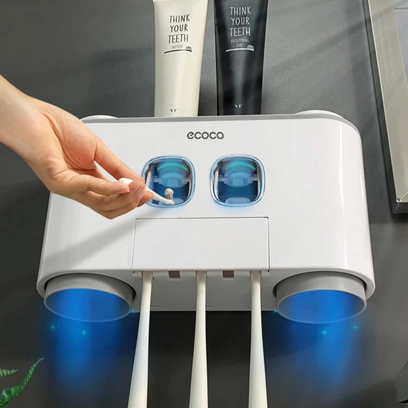 

Quality Auto Toothpaste Dispenser Toothbrush Holder Set with 4 Cup for Bathroom Accessories Home Wall Mount Toothpaste Squeezer