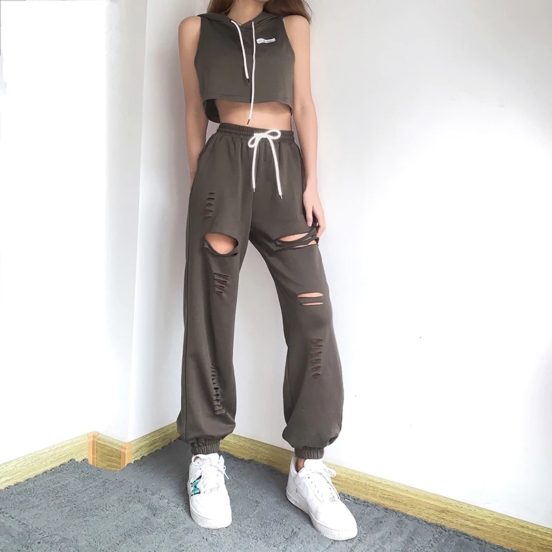 

Waatfaak Gray Loose High Waist Pants Woman Summer Wide Leg Long Fashion Casual Hollow Out Jeans Baggy Straight Leg Pockets