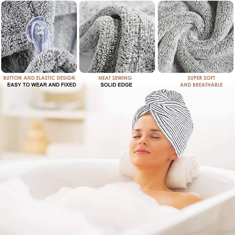 

2 Pack Bamboo Charcoal Fiber Hair Drying Towel Hat Bath Shower Head Turban Wrap Quick Dry Hair Towels set Cap For Women bathroom