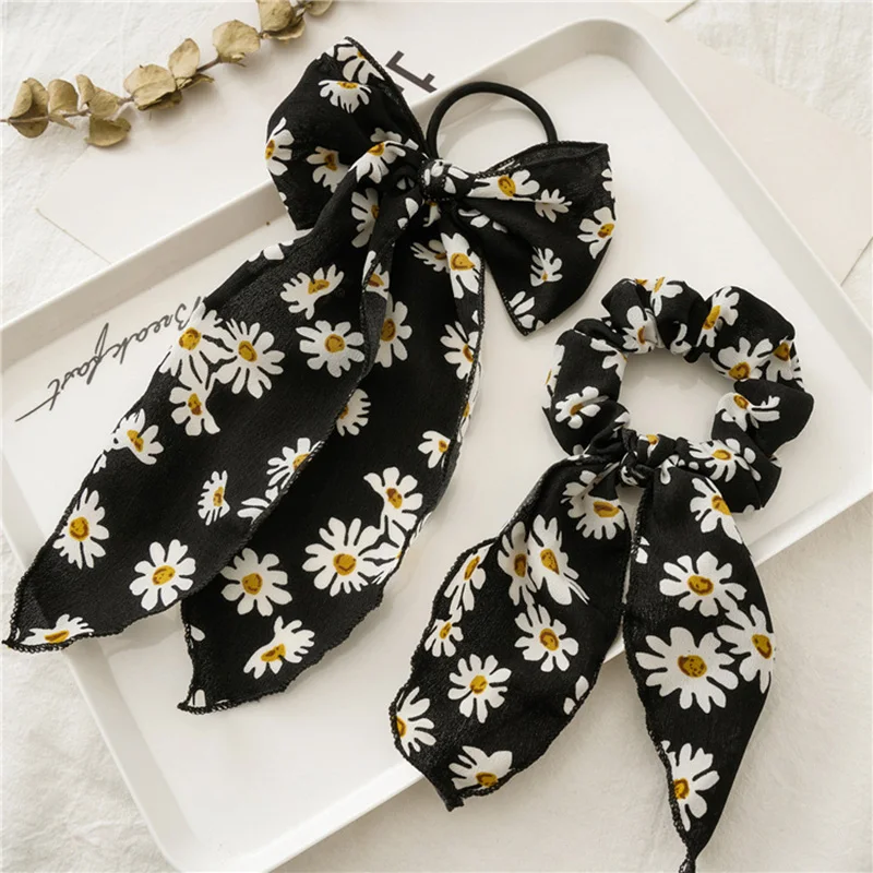 

Cute Daisy Print Rubber Band Elegant Bow Hair Band Floral Print Hair Ties Elastic Ponytail Holder hair ties scrunchies