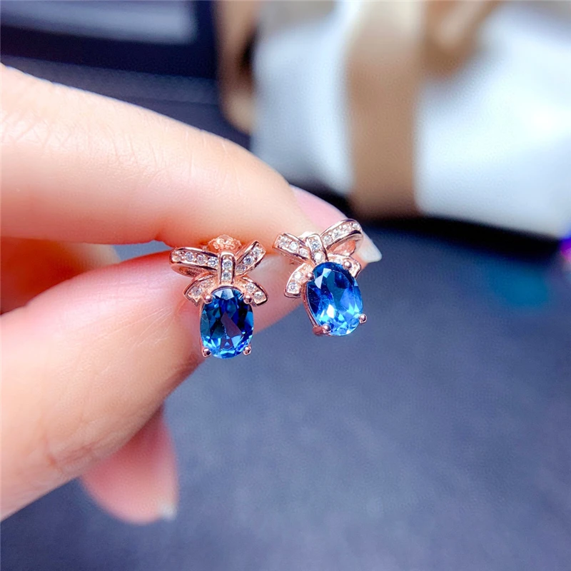 

WEAINY Natural London Blue Topaz Stud Earrings Real S925 Sterling Silver Women's Fashion Stud Earrings Blue Gem Birthstone