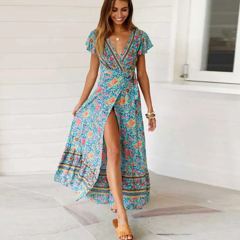 Богемный Вдохновленный мульти Цветочное платье с v-образным вырезом запахом