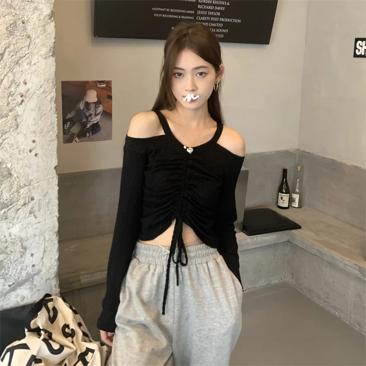 

off-the-Shoulder Drawstring Long Sleeve T-shirt Rac