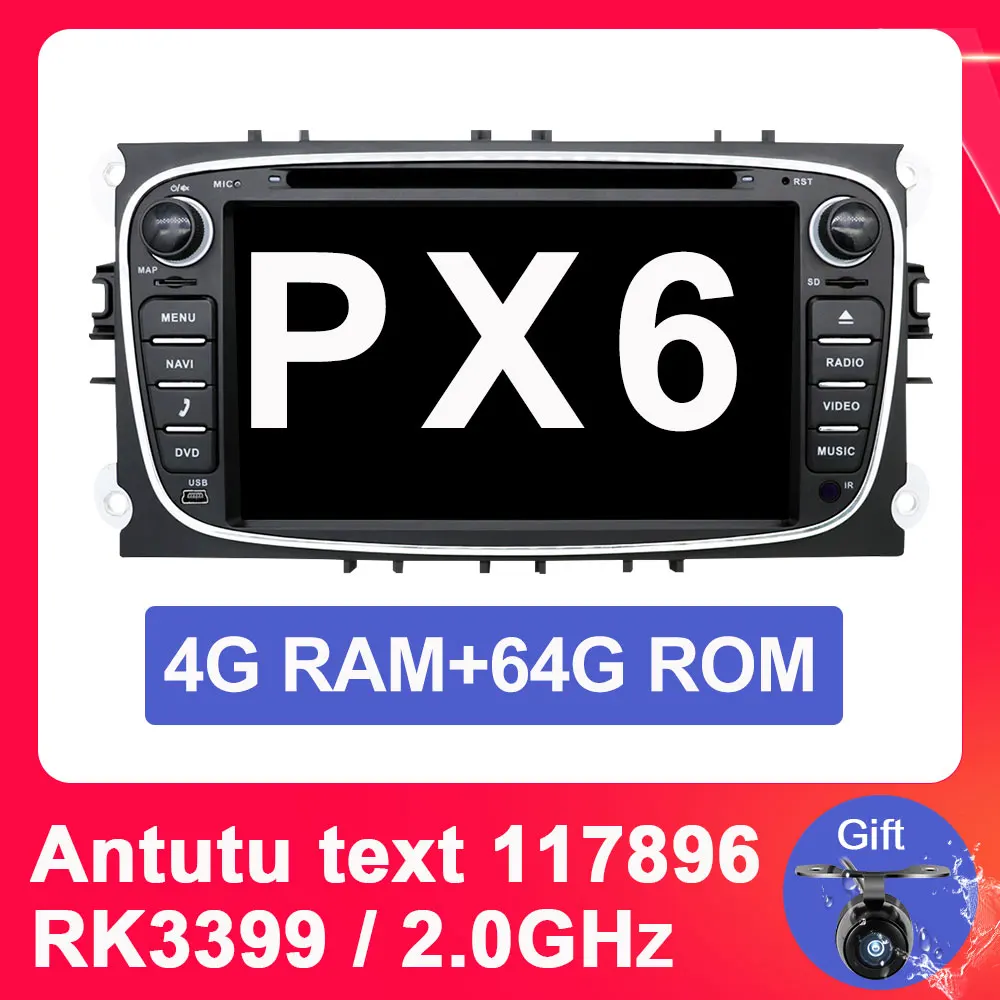 4G 64G BLACK PX6 Eunavi 2 din Android 9,0 Восьмиядерный автомобильный dvd-плеер gps Navi для Ford Focus Galaxy с аудио Радио Стерео Wi-Fi головное устройство 1024*600 - Цвет: 4G 64G BLACK PX6