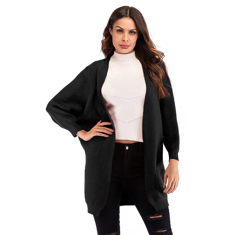 

New Women Jacket Casual Solid Shawl Coat Loose Long Bat Sleeve Slim Knitted Sweater Coat Female Pocket Cardigan Chaqueta Mujer