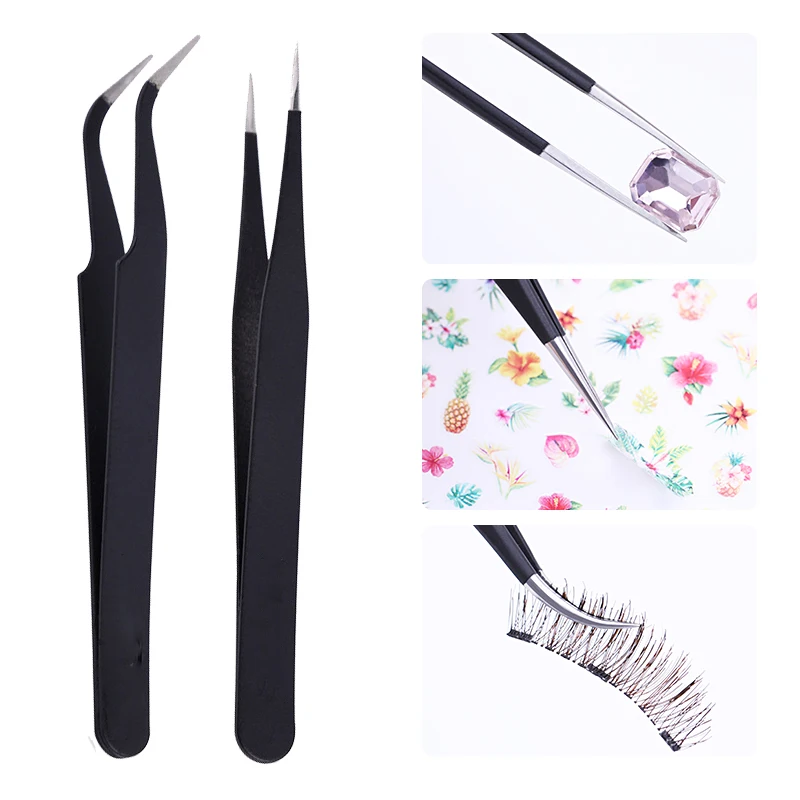 Профессиональные черные прямые Изогнутые акриловые пинцеты 2 шт. стразы для