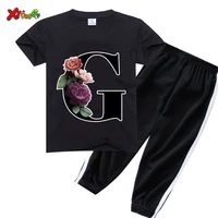 Unisex Summer New T-shirt sets Fashion Alphabet Girls Tshirts Retro Boy Tshirt Flowers Element Nice Round Neck Kids Tshirt Suits